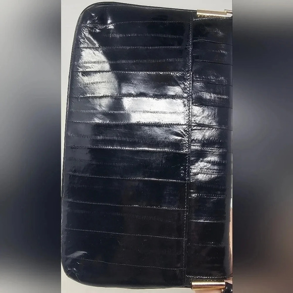 Vintage Eel Skin Black Elegant Exotic Envelope Clutch Crossbody Gold Hardware - Picture 3 of 16